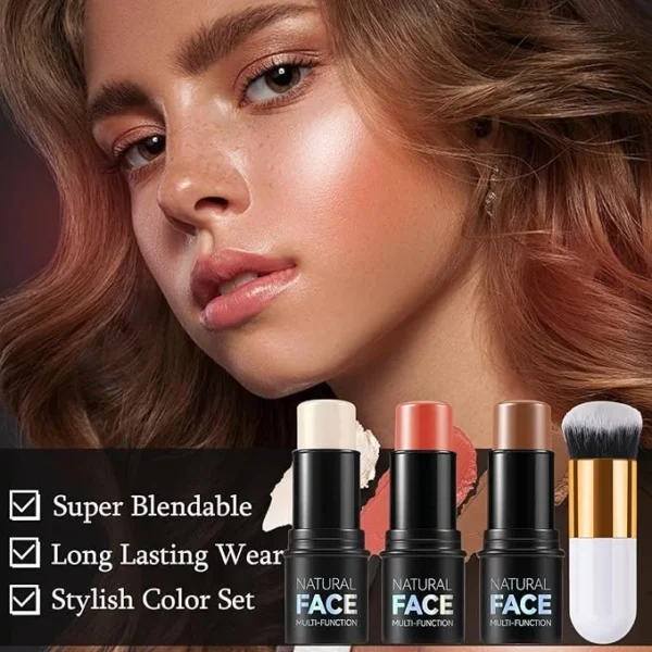 3-Pack Contour, Highlighter & Blush Sticks with Brush – Cream Bronzer Kit - Image 3