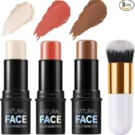 3-Pack Contour, Highlighter & Blush Sticks with Brush – Cream Bronzer Kit