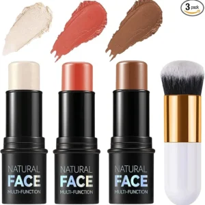 3-Pack Contour, Highlighter & Blush Sticks with Brush – Cream Bronzer Kit