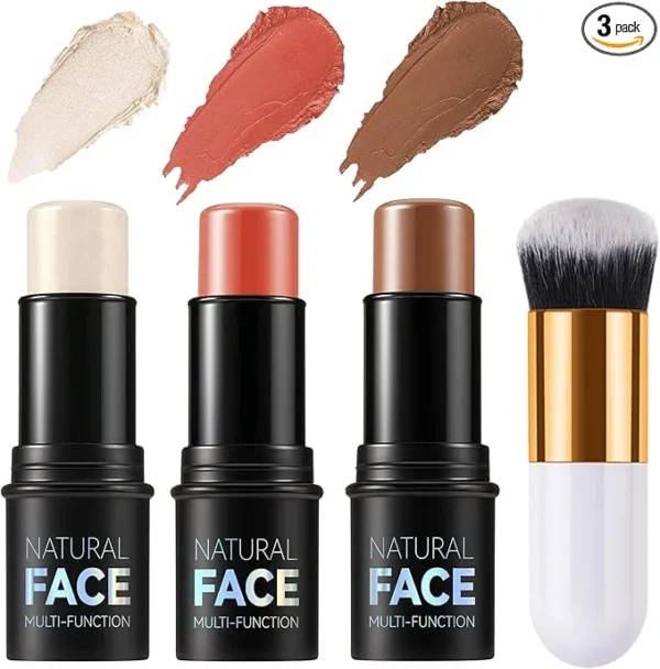3-Pack Contour, Highlighter & Blush Sticks with Brush – Cream Bronzer Kit